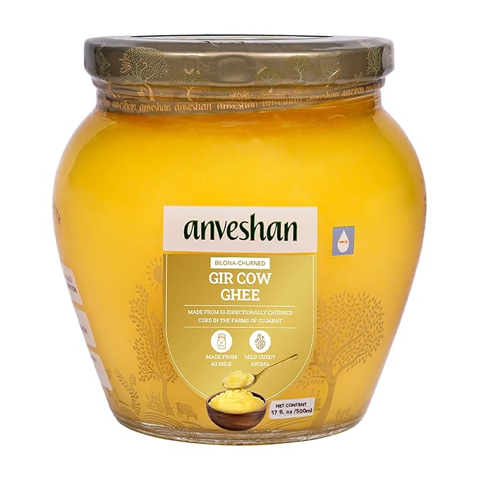 Anveshan A2 Gir Cow Ghee 500ML | Grass-Fed | Pasture-Raised | Gut Friendly | Keto Friendly | High Smoke Point | Sustainably Sourced | Casein Free | Clarified Butter