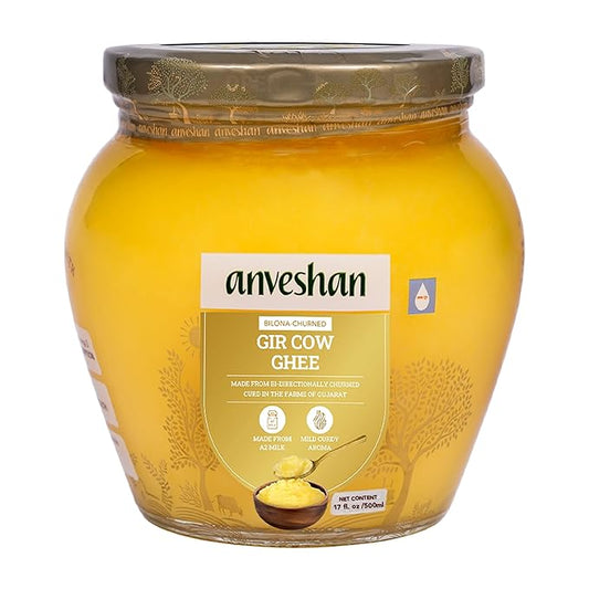 Anveshan A2 Gir Cow Ghee 500ML | Grass-Fed | Pasture-Raised | Gut Friendly | Keto Friendly | High Smoke Point | Sustainably Sourced | Casein Free | Clarified Butter