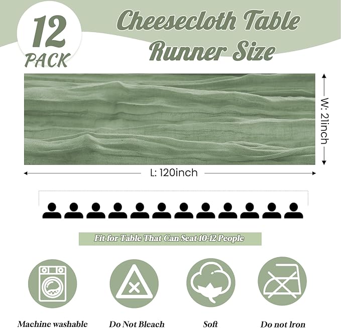 12 Pack Sage Green Table Runner 10FT Cheesecloth Table Runner 21 x 120 inch Boho Gauze Cheese Cloth Table Runner Rustic Sheer Table Runner for Party Wedding Bridal Baby Shower Birthday Table Decor