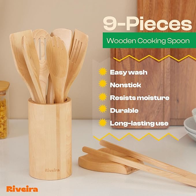 Riveira Maple Wooden Spoons for Cooking Set of 9 – Natural Maple Wooden Cooking Utensils, Wooden Spatula, Wooden Spoon - Premium Quality Utensil Set for Non-Toxic Cooking