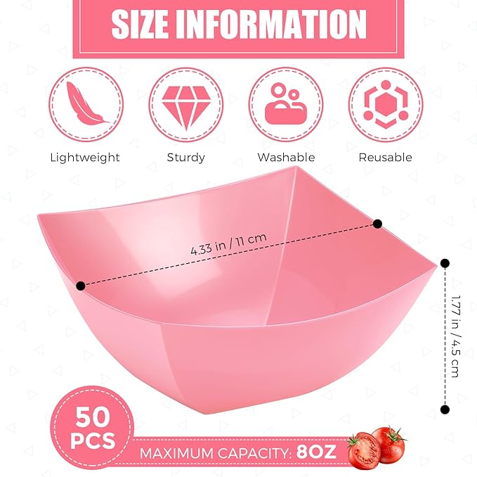 Tanlade 50 Pcs Square Plastic Serving Bowls Disposable Snack Salad Bowl Small Party Candy Bar Containers Taco Bar Serving Dishes for Buffet Chips Fruit (8 oz,Pink)