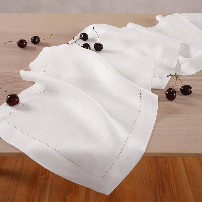 Home Ekaa 100 % Pure Linen White Table Runner 90 inches Long – Washable Hemstitch 14 x 90 Inch Table Runner for Dining, Christmas, Fall, Winter, Holiday & New Years Decor – Elara