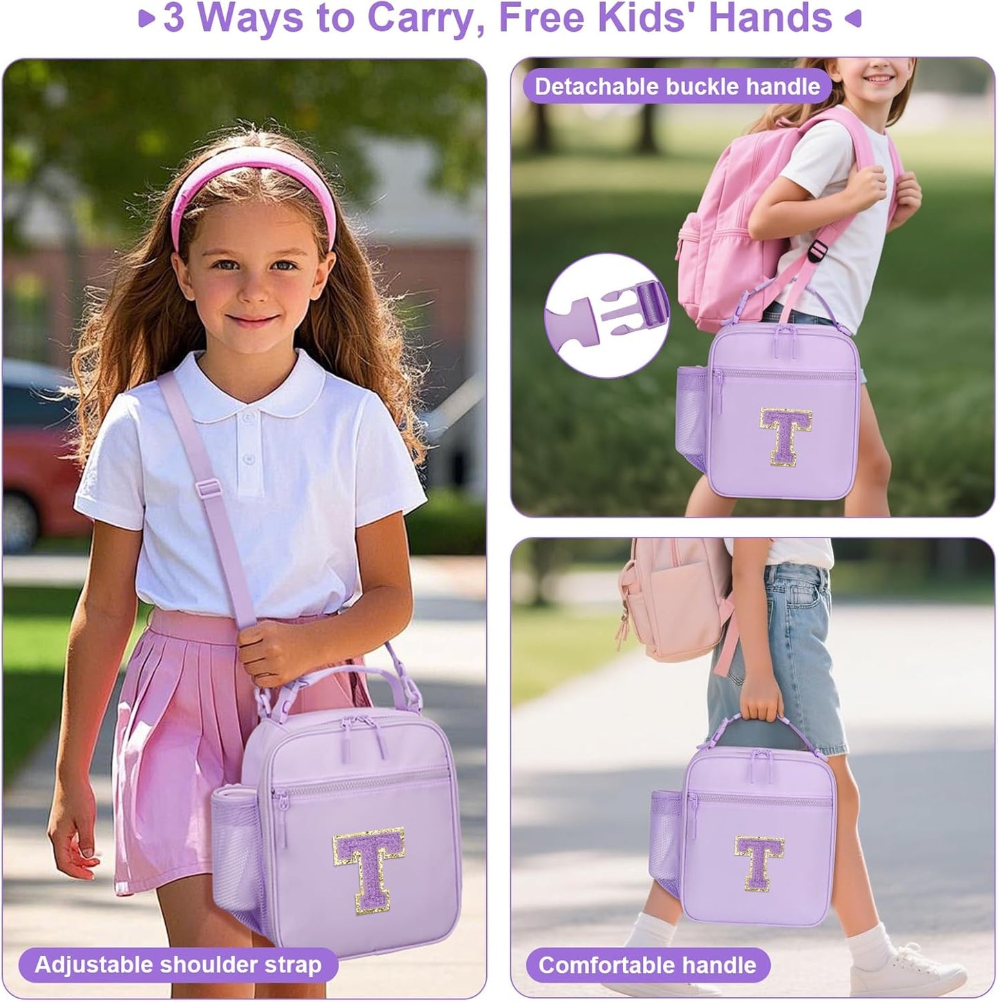 Initial Insulated Lunch Bag for Girls Kids, Back to School Gift, Reusable Leak-proof Lunch Box with Adjustable Strap for School Daycare Travel Picnic (Purple,T)