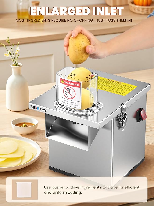 NEWTRY 4 in 1 Commercial Vegetable Processor Electric Veggie Fruit Slicer Dicer Shredder & Strip Crinkle Cutter All Stainless Steel 110volt 200W