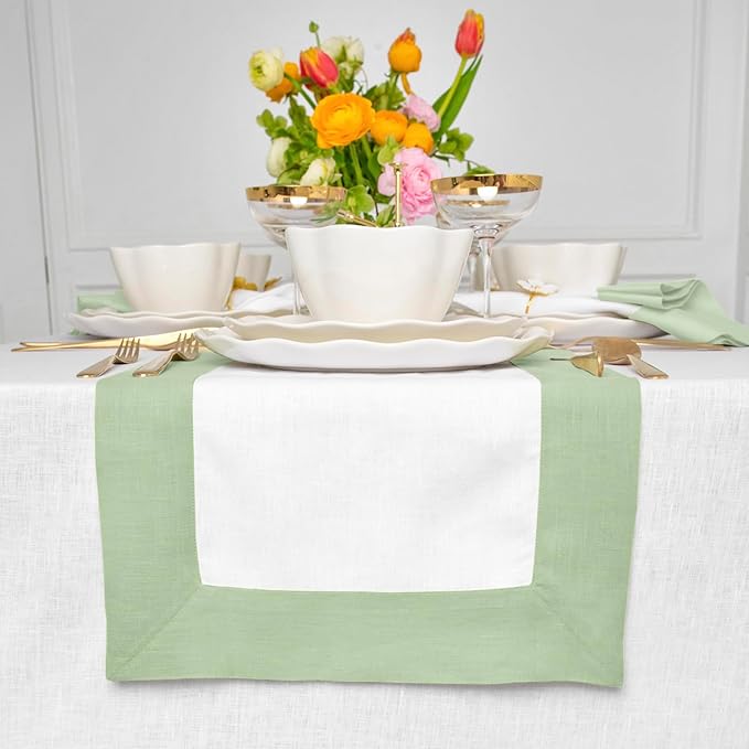 Solino Home Linen Table Runner 48 Inches - 100% Pure Linen Light Green and White Table Runner 14 x 48 Inch Ideal for Dresser and Coffee Tables - Contempo