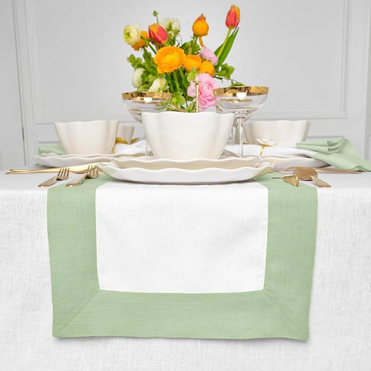 Solino Home Linen Table Runner 36 Inches - 100% Pure Linen Light Green and White Table Runner 14 x 36 Inch Ideal for Dresser and Coffee Tables - Contempo