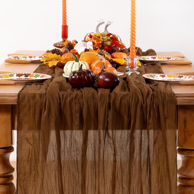 Brown Cheesecloth Table Runner Tan 6 Pack Christmas Table Runners Boho Gauze 120 Inches Marron Cheese Cloth Table Decor for Xmas Holiday Season Parties Wedding Bridal Baby Shower Tea Party