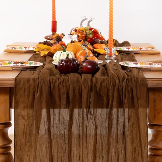 Brown Cheesecloth Table Runner Tan Christmas Table Runner Boho Gauze 120 Inches Marron Cheese Cloth Table Decor for Xmas Holiday Season Parties Wedding Bridal Baby Shower Tea Party
