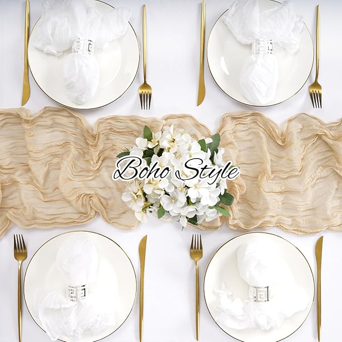 Pesonlook 20 Pack Cheesecloth Table Runner Beige, Rustic Boho Gauze Fabric Table Runner Romantic Table Runner for Wedding, Festival, Birthday, Anniversary, Dinner and Outdoor Events (17.7 x 108 inch)