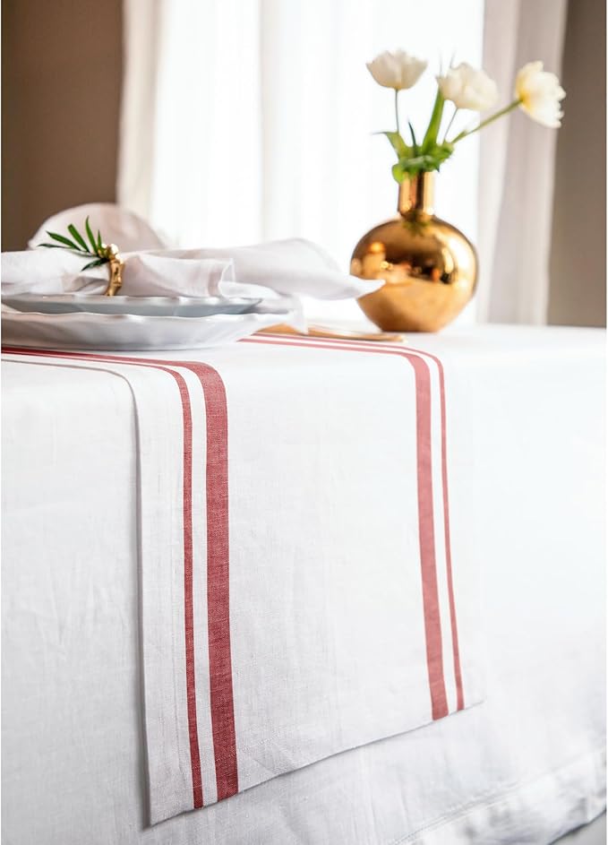 Solino Home Linen Table Runner 72 Inches Long - 100% Pure Linen Red and White French Stripe Table Runner 14 x 72 Inch for Dining, Dresser, Christmas, Holiday, Winter, New Year
