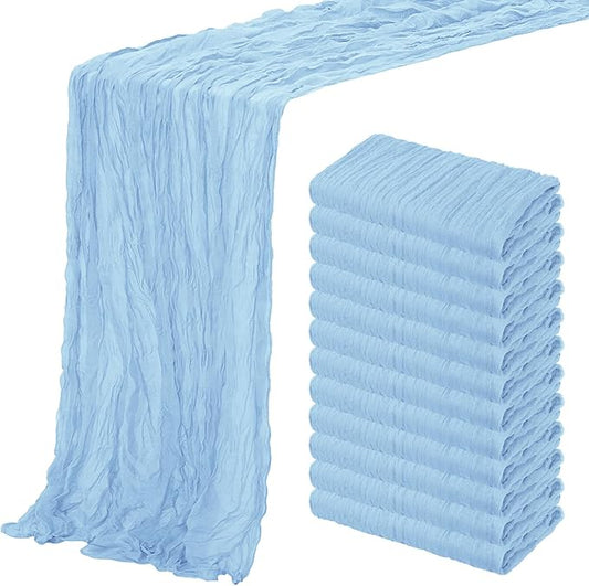 Aktor 12 Pack Baby Blue Cheesecloth Table Runner 10Ft Gauze Table Runner Boho Semi Sheer Cheese Cloth Fabric Runners for Wedding Birthday Baby Shower Party Table Decoration（Baby Blue）
