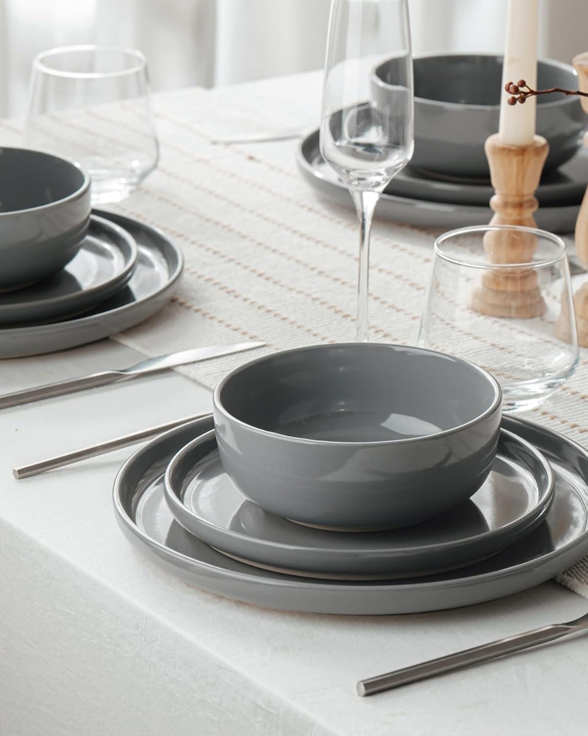 Famiware Milkyway Dinnerware Sets, 24 Piece Dish Set, Plates and Bowls Sets for 8, Dark Gray