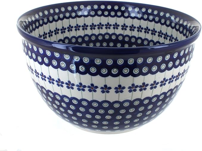 Blue Rose Polish Pottery - Blue Flowering Peacock Large Mixing Bowl - 16 Cup Capacity - Polish Pottery Ceramic Bowl for Baking, Mixing & Serving