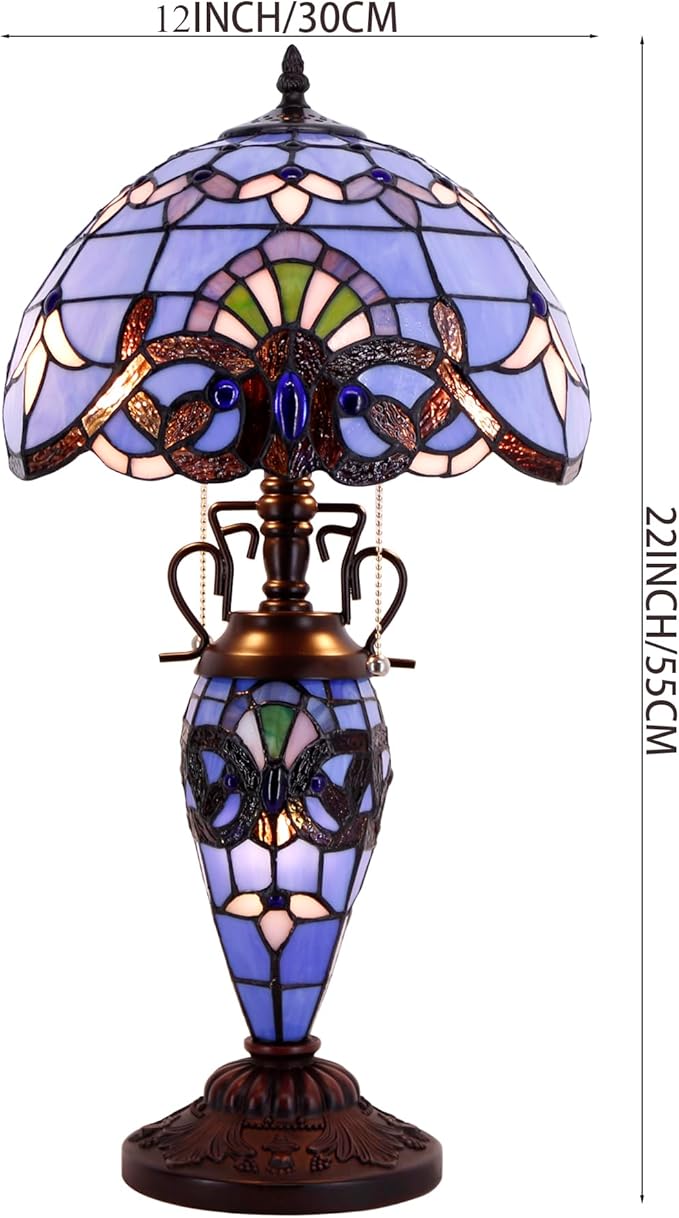 WERFACTORY Tiffany Style Table Lamp Lavender Blue Purple Baroque Stained Glass 12X12X22 Inches Mother-Daughter Vase Desk Light Decor Bedroom Living Room Home Office S003C Series