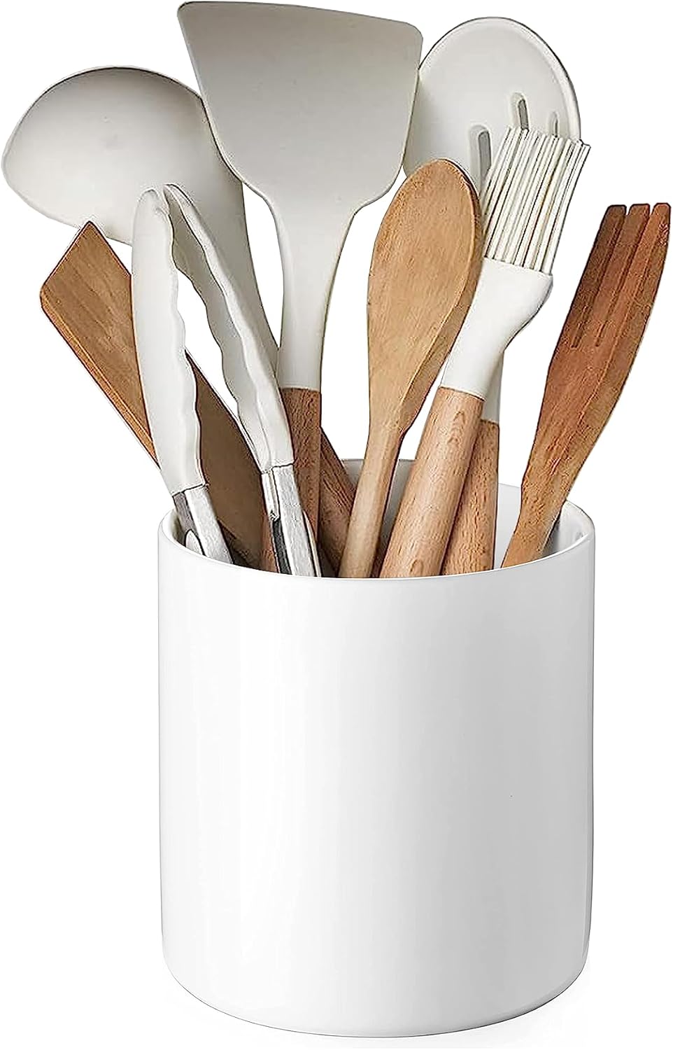 DOWAN Kitchen Utensil Holder, Utensil Holder for Countertop, Utensil Crock with Table-Protection Cork Mat, Handmade DIY Gifts, Farmhouse Kitchen Decor, Cream White