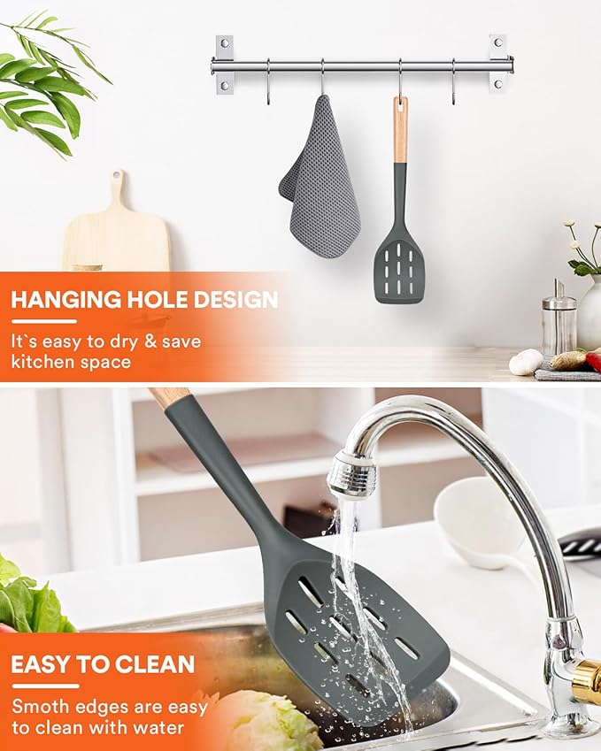 Nonstick Silicone Spatula, Non Scratch Flexible Edge for Pans, Slip Resistant comfortable Wooden Handle, Heat Resistant BPA-Free Kitchen Spatulas for Cooking, 13.2 Inch (Grey)