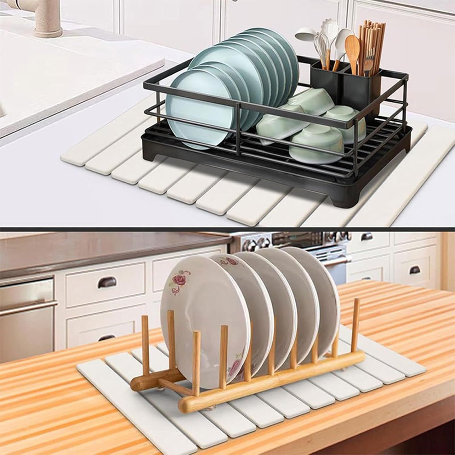 Stone Drying Mat for Kitchen Counter, Stone Dish Drying Mat Foldable, Super Absorbent Diatomaceous Earth Quick-drying Draining Mat for any Kitchen Countertop (White B, 23.6”x15.4”)