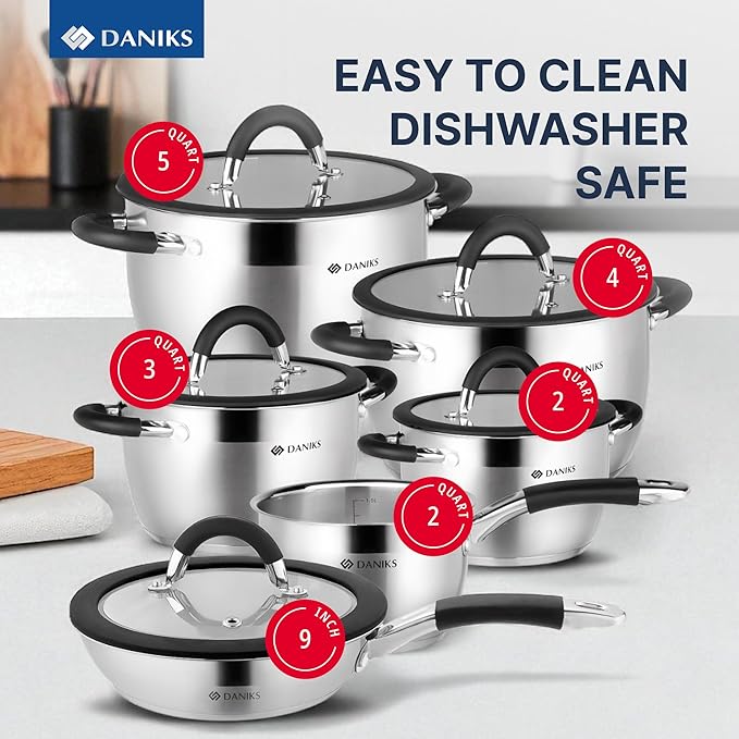 Daniks Orlando 11-Piece Stainless Steel Cookware Set with Glass Lids, Includes Saucepan and Frying Pan, Tri-Ply Bases for Even Heating, Induction Compatible, Dishwasher Safe, Heatproof Handles