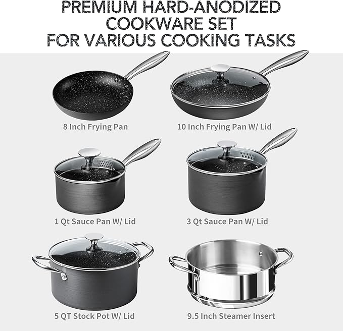 MICHELANGELO Hard Anodized Cookware Set - 10 Pcs Non Stick Pots and Pans Set with Granite Interior, Induction Cookware Set with Steamer Insert