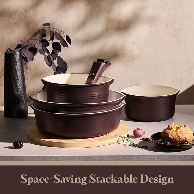 CAROTE 22Pcs Titanium Cookware Set, Pots and Pans Set Non Stick, Kitchen Cooking Set with Detachable Handle, Non Toxic Induction Cookware, Dishwasher/Oven Safe, Browm