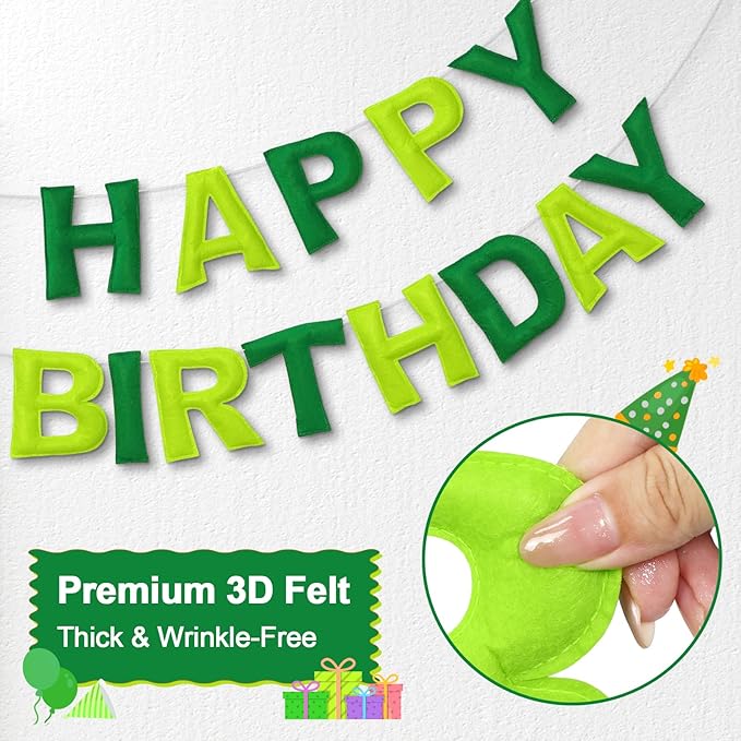 Pre-Strung Happy Birthday Banner & Felt Garland Set - Ombre Green Birthday Decorations for Women Men Boys Girls | Reusable Party Supplies for Indoor & Outdoor