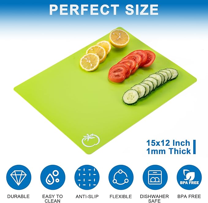 Flexible Cutting Boards with Hanging Hole, Food Icons - BPA Free, Non Slip for Meat & Veggies