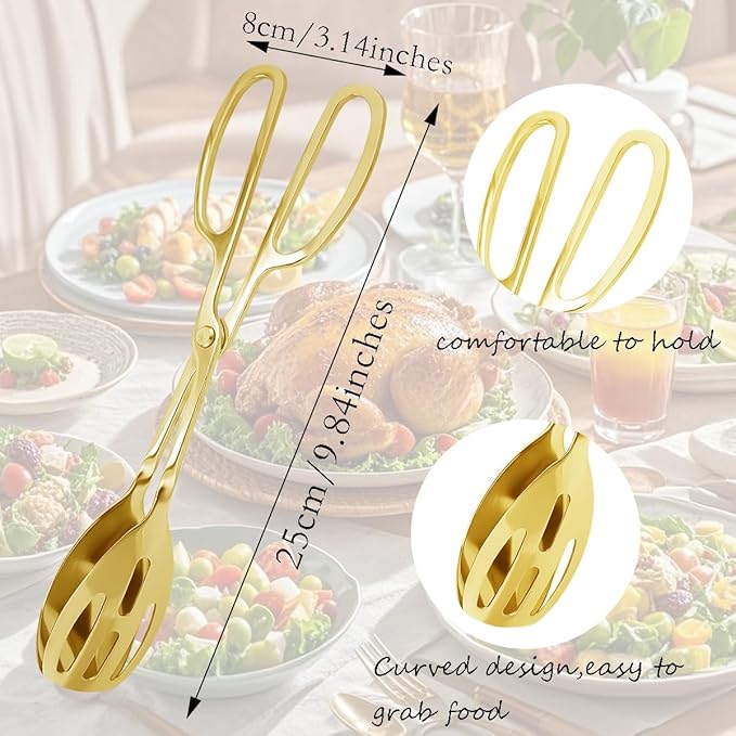2 Pieces Salad Tongs Stainless Steel Kitchen Scissors for Food, Catering Utensil for Bread Cake Bake Steak Barbecue for Kitchen Serving and Cooking(Gold)