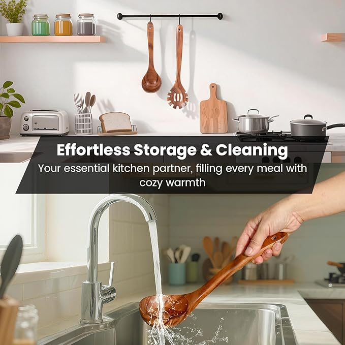 Wooden Spoons for Cooking – 6 Pcs Teak Wood Utensil Set, Durable, Nonstick Safe & Heat Resistant with Ergonomic Handles - Unique Kitchen Gifts for Women Men, Cooking Gifts for Men Women