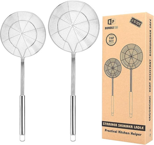 Pack of 2 Large Spider Strainer, Stainless Steel Skimmer Basket,Kitchen Ladle Strainers,Mesh Spoons with Long Handle, Cooking Tools for Frying, Boiling Noodles, Dumplings, Pasta