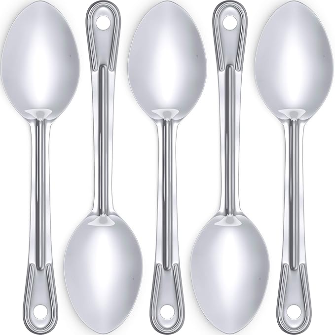 Super Strong, Ergonomic 11 in Serving Spoon 5 Pk. Big, Solid Stainless Steel Spoons for Cooking, Baking and Basting. Best Kitchen Flatware for Buffet and Banquet Service in Restaurants and Homes