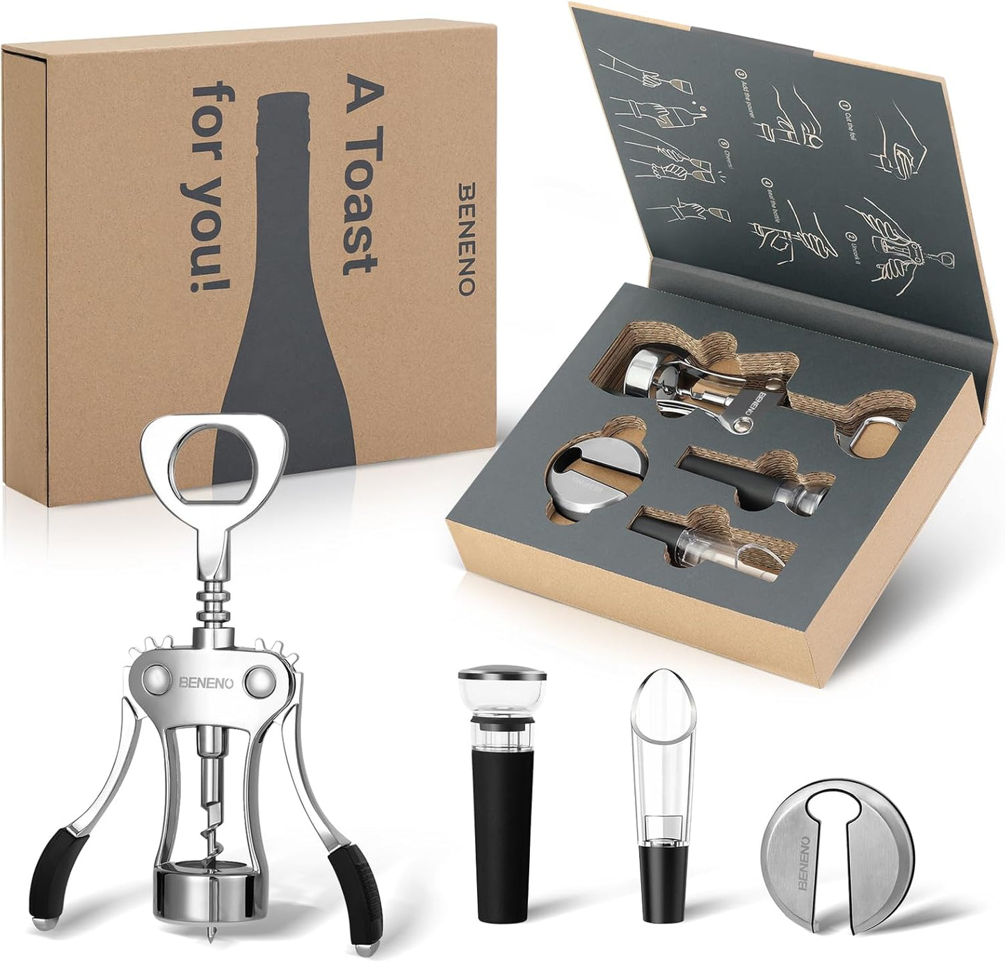 Beneno Multifunctional Wine Bottle Opener Gift Set - Wing Corkscrew, Foil Cutter, Vacuum Stopper & Aerator Pourer, Perfect for Wine Lovers Man Woman, Silver Set