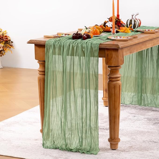 Sage Green Cheesecloth Table Runner 12 Pack Christmas Table Runners Boho Gauze 120 Inches Sage Cheese Cloth Table Decor for Xmas Holiday Season Parties Wedding Bridal Baby Shower Tea Party