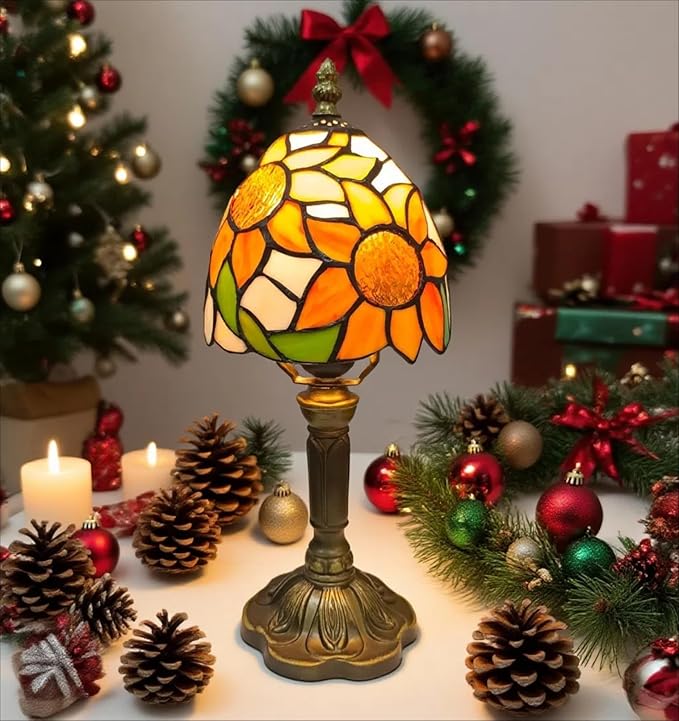 Tiffany Style Table Lamp,Sunflower Stained Glass Lamp,6 Inch Small Antique Bedside Lamp, for Bedroom Living Room Home,Included Dimmable LED Bulb 8W