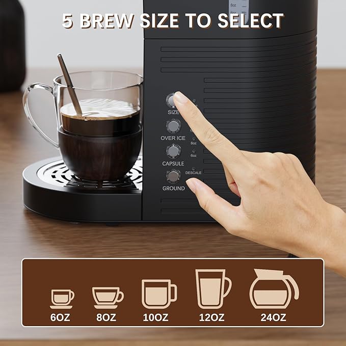Single Serve Hot & Iced Coffee Maker, for K Cup Pod and Grounds, 6 to 24oz Brew Size, Slim Compact for Small Spaces, Descaling Reminder, with Reusable Filters, Black