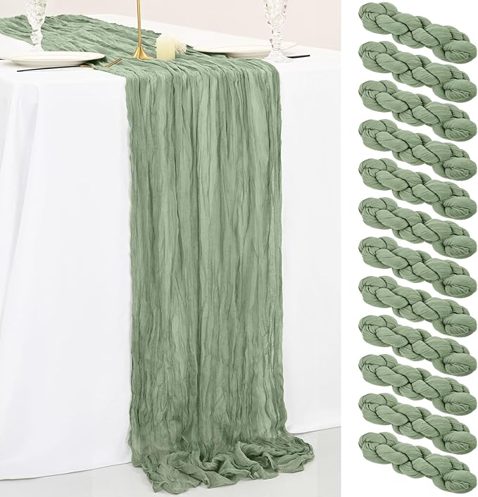 12 Pack 10Ft Sage Green Cheesecloth Table Runner 35 x 120 inch Boho Gauze Cheese Cloth Table Runner Vintage Rustic Sheer Runners for Wedding Bridal Shower Birthday Party Cake Table Decorations