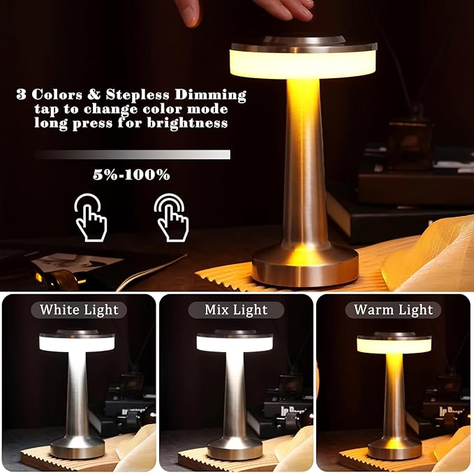 Riakrum 2 Pcs LED Portable Cordless Table Lamp with Touch Sensor 3 Color Stepless Dimming Rechargeable Battery up to 15 Hours Cordless Table Light Wireless Lamp for Nursery (Silver)