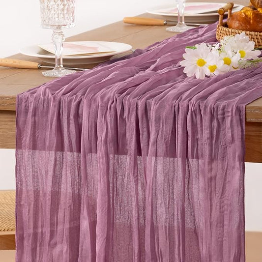 MLMC Purple Table Runner 10ft Rustic Gauze Cheesecloth Table Runner 35x120 Inches Sheer Cheese Cloth Centerpiece for Quinceanera Bridal Baby Shower Boho Wedding Home Decor