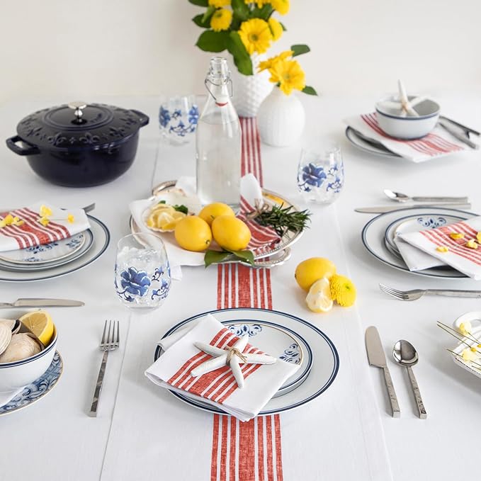 Solino Home Linen Table Runner 48 Inches - 100% Pure Linen Red and White Farmhouse Table Runner 14 x 48 Inch Ideal for Dresser and Coffee Tables - Christmas, Holiday, Winter, New Year