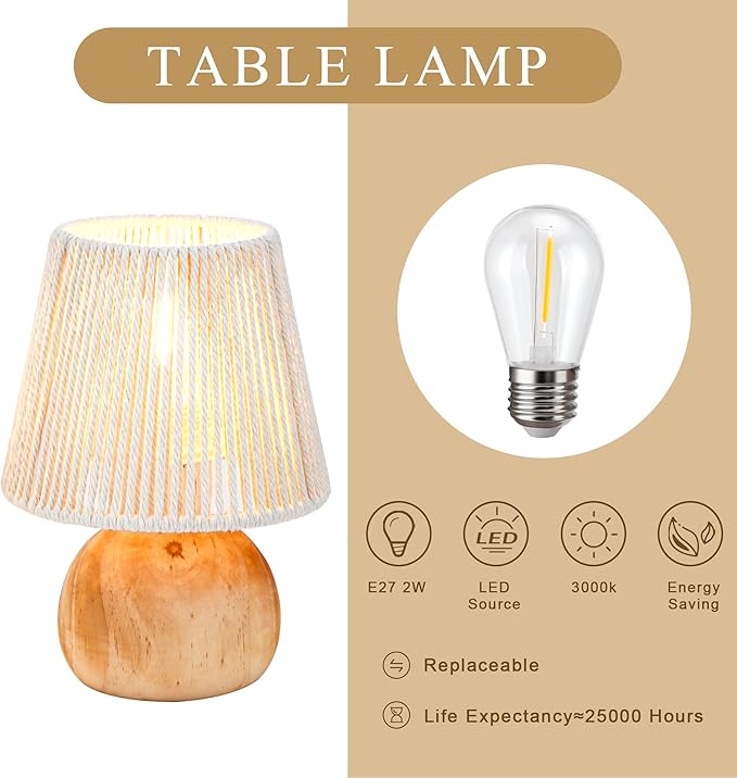 TRIROCKS Set of 2 Woven Cotton Rope Table Lamp - 8'' Tall Cordless Lamps with Wooden Base Boho Lamps Great for Living Room Bedroom Weddings Parties Patio Events
