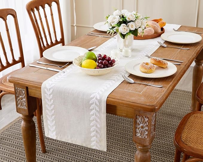Wracra Embroidered Table Runner Irregular Willow Leaf Table Runners 72 Inches Long For Dresser Home Dining Table Decor,14 x 72 Inch, White