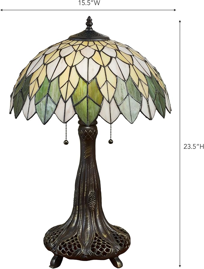 Marissa Abstract Magnolia Flower Stained Glass Table Lamp | Handcrafted Art Glass Shade with Iridescent Pale Yellow, Off-White, & Green Hues | Bronze Tree Trunk-Style Base | Dual Pull Chain Lighting