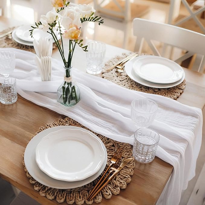 White Cheesecloth Table Runner, 120 Inch 10 FT Boho Rustic Cheesecloth Gauze, Cheese Cloth Runner for Wedding Spring Easter Baby Bridal Shower Party Decoration, 1 Pack