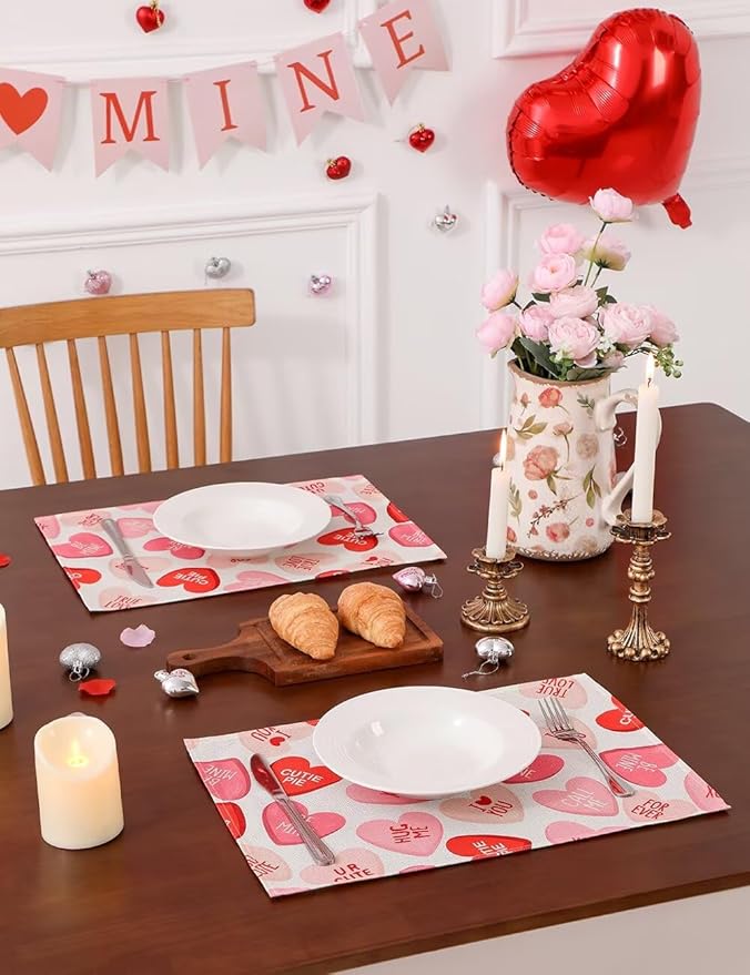 Pink Ture Love Heart Valentine's Day Table Runner 13"x72" & 4 Pcs 12"x18" Placemats Sets with 12 Heart Balloons, Love Letter Balloons, Stickers & Blowing Straw for Home Party Decor