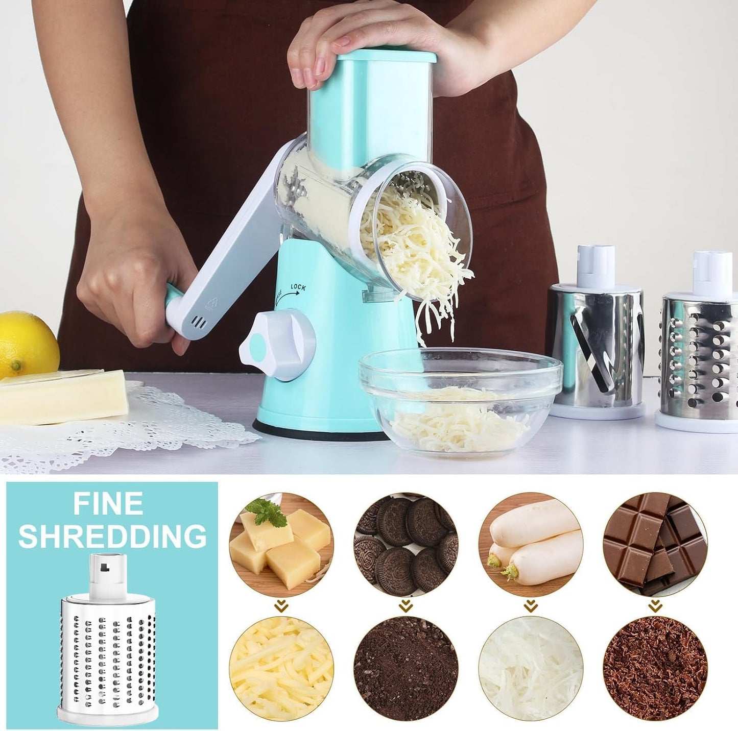 Cambom Rotary Cheese Grater Hand Crank Cheese Shredder for Fresh Cheese, Vegetable, Nuts,Non-slip Suction Base, Free Cleaning Brush Three Blades, Blue