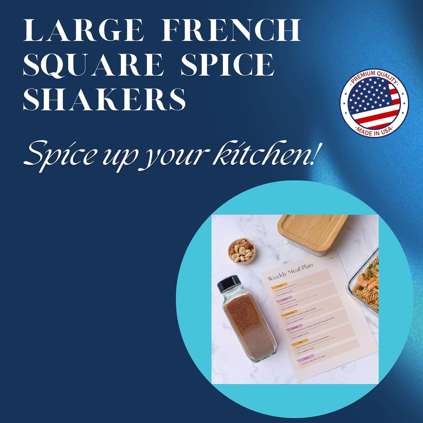 JARMING COLLECTIONS 16oz Glass French Square Spice Shakers with Lids – Large Seasoning Containers for Kitchen, Pantry, Herbs & Spices - Enhance Your Spice Storage – Made in USA