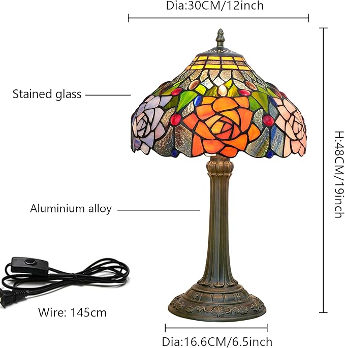 Tiffany Style Stained Glass Lamp Red Orange Purple Pink Rose Table Lamp Bedroom Bedside Reading Desk Light for Living Office Retro Unique Cute Accent Decor 12" Village Gift Nightstand Lamps