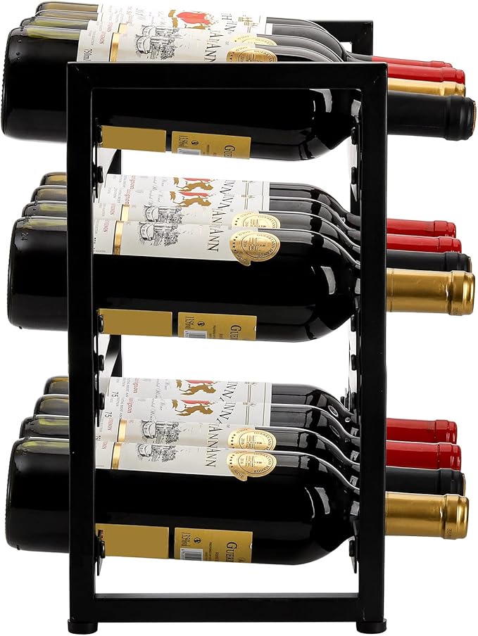 AVLA 12 Bottles Wine Rack Countertop, Freestanding 3 Tier Wine Holder, Liquor Display Storage Organizer Stand, Free Standing Floor Wine Cabinet Shelf for Kitchen Wine Cellar Tabletop Bar Dining Room