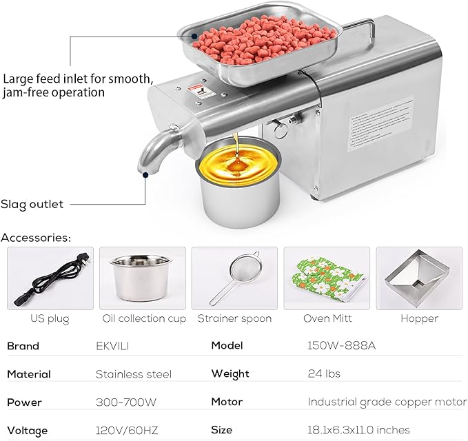 Household Oil Press Machine, Foolproof Oil Press for Kitchen Use, Automatic Oil Extractor for Pressing Peanut, Sesame Seeds, Walnut, Almond, Pumpkin, Rapeseed and Many