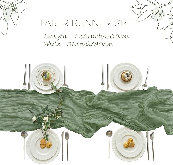 IVAPUPU 2 Pcs Cheesecloth Christmas Table Runner - 10ft Sage Green Boho Gauze Cheese Cloth Table Runners for Baby Shower Decoration Wedding Party Summer Garden Farmhouse