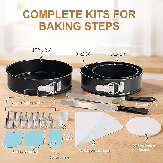 WERTIOO 138pcs Springform Cake Pan Sets for Baking with Cake Decorating Kit, 3 Round Non-Stick Springform Pan Set (6, 8, 10 inches), Leak-Proof Cheesecake Pan with Icing Tips, Cake Leveler & eBook